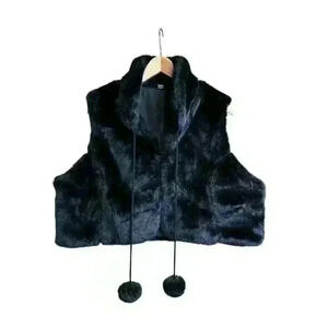 FAUX FUR BLACK VEST WITH POM POM TASSELS HOOK CLOSURE STAND UP COLLAR SIZE L